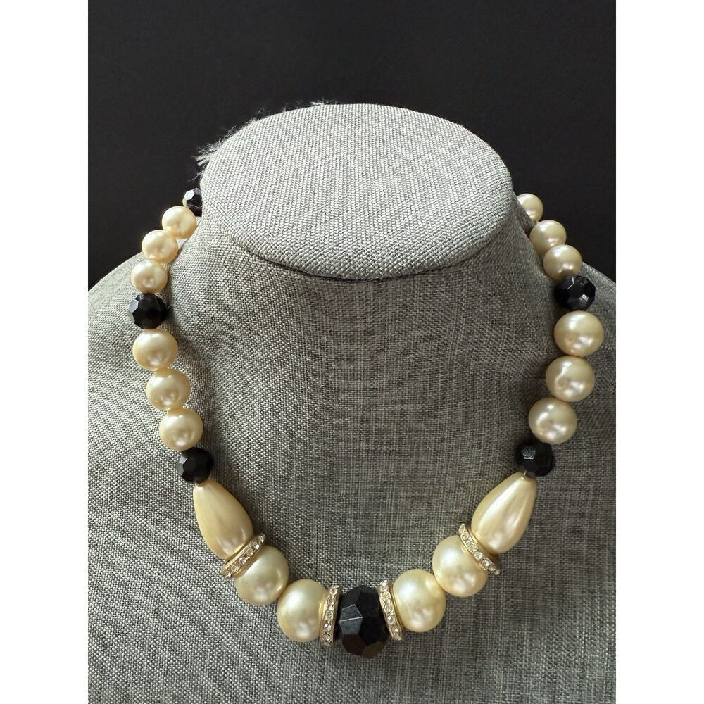 Vintage Faux Pearl Lucite Faceted Bead Rhinestone Choker Statement Necklace 19”